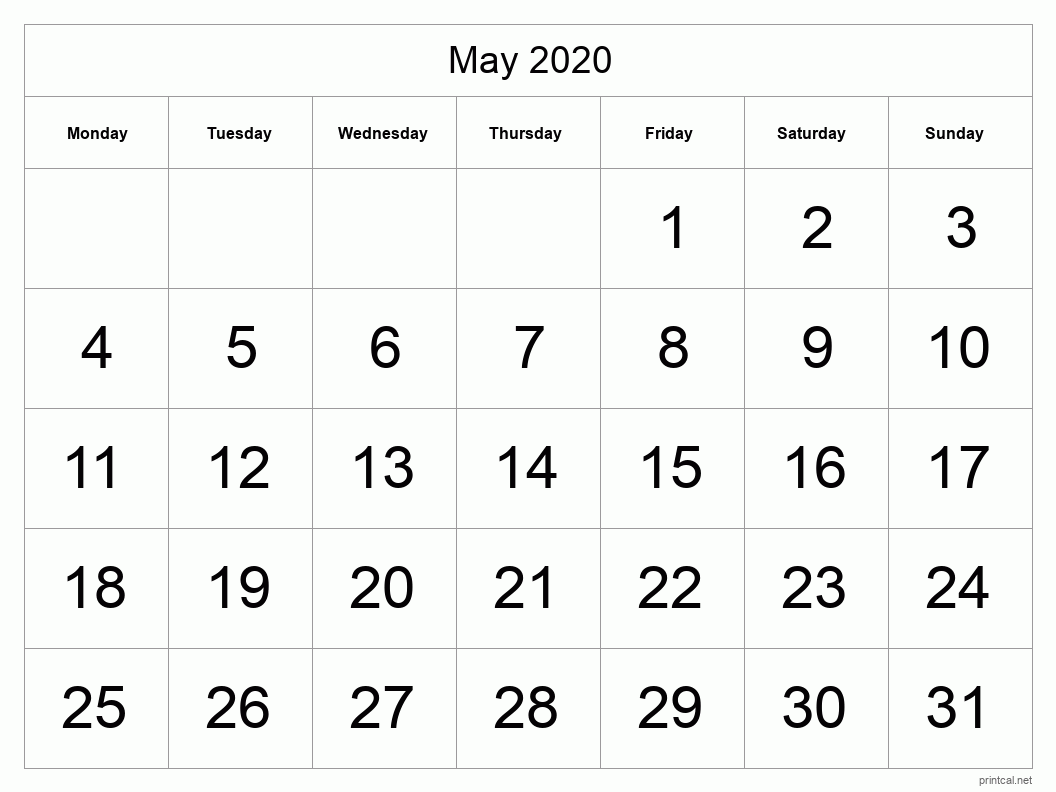 May 2020 Printable Calendar - Big Dates