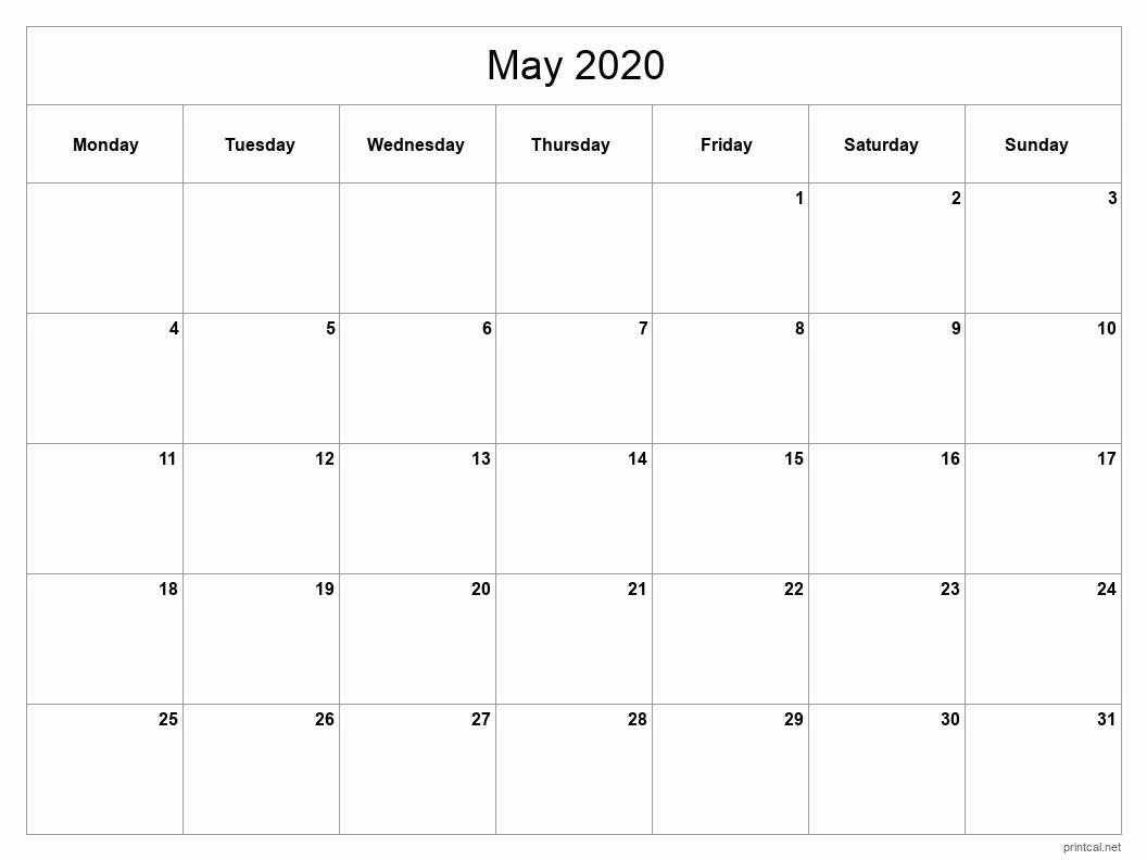 May 2020 Printable Calendar - Classic Blank Sheet