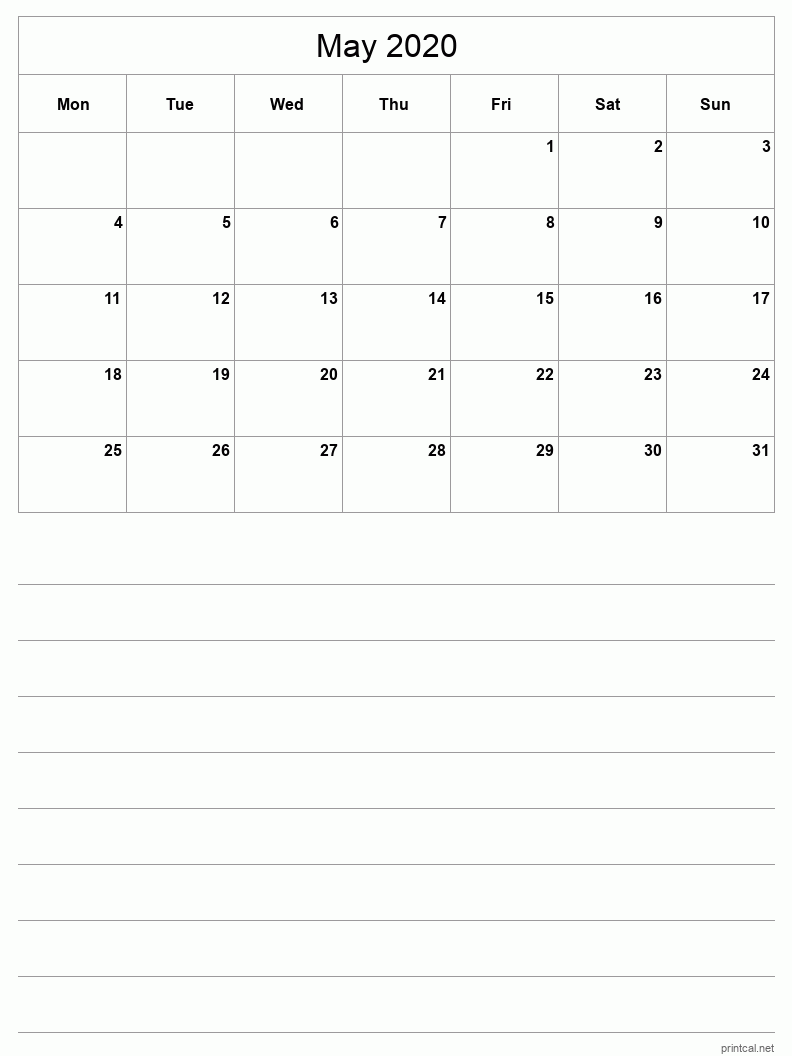 May 2020 Printable Calendar - Half-Page With Notesheet