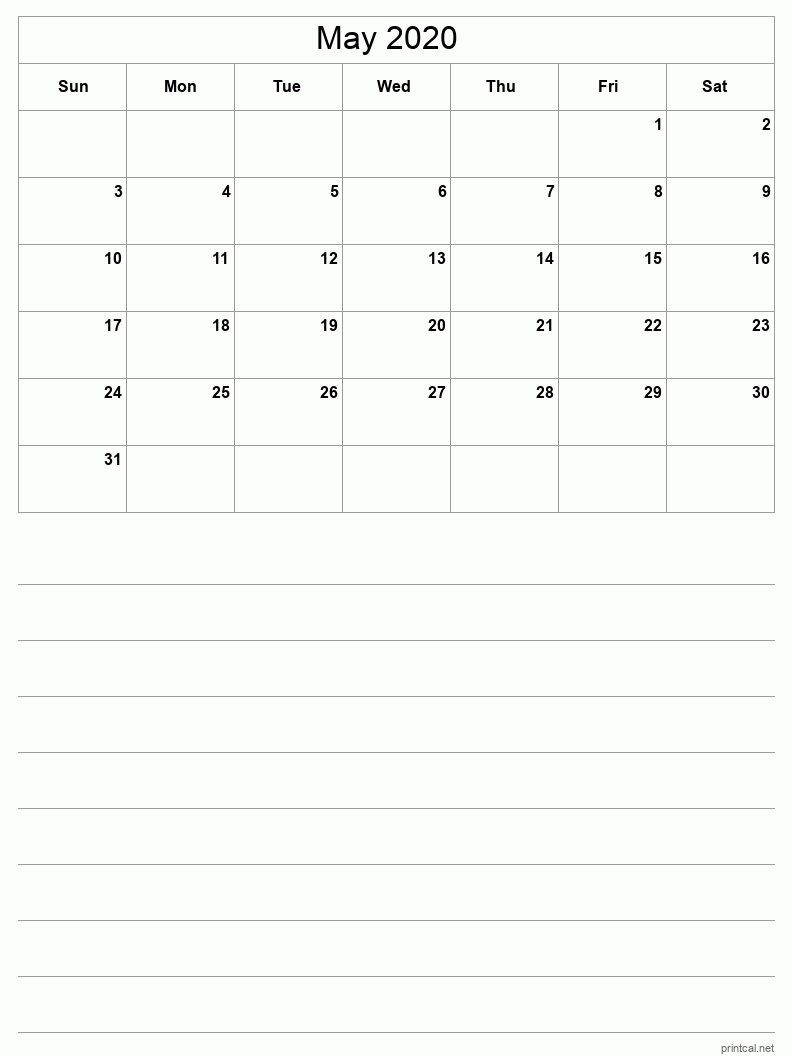 May 2020 Printable Calendar - Half-Page With Notesheet