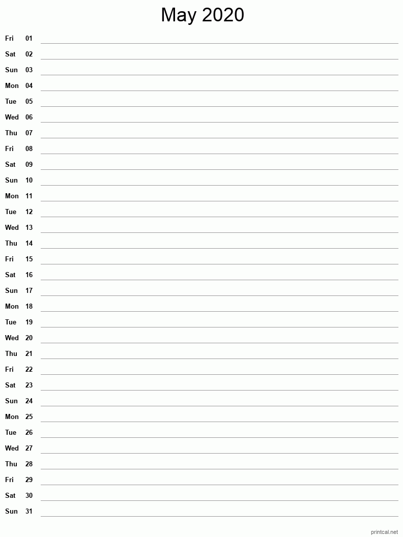 May 2020 Printable Calendar - Single Column Notesheet