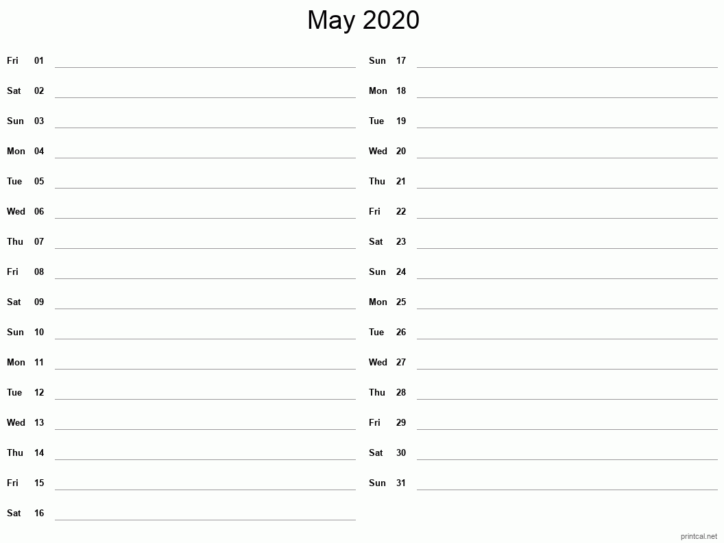 May 2020 Printable Calendar - Two Column Notesheet