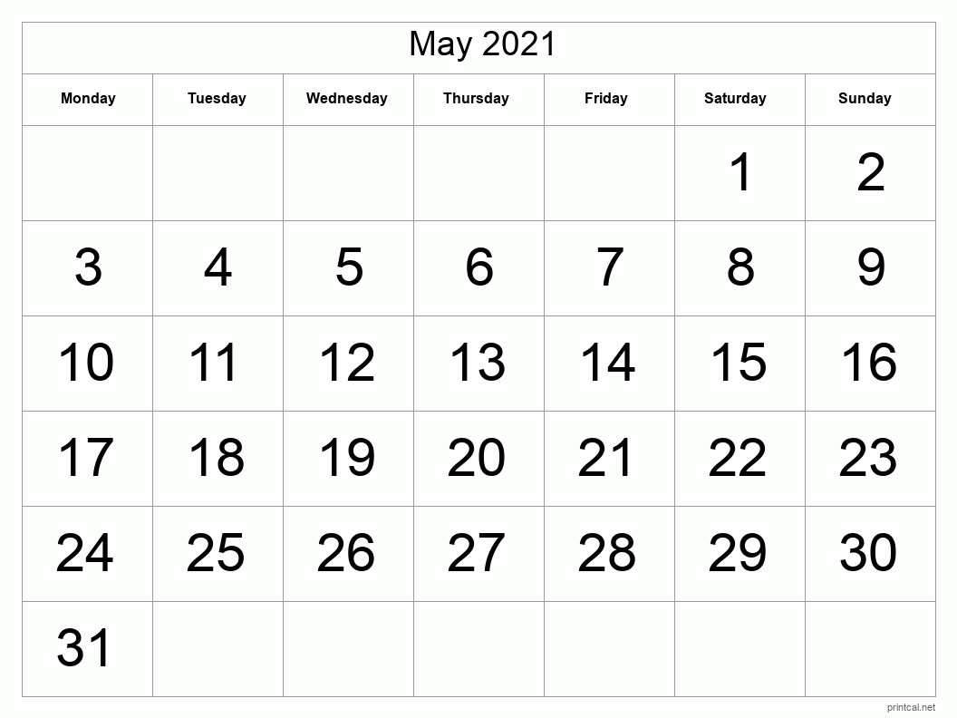 May 2021 Printable Calendar - Big Dates