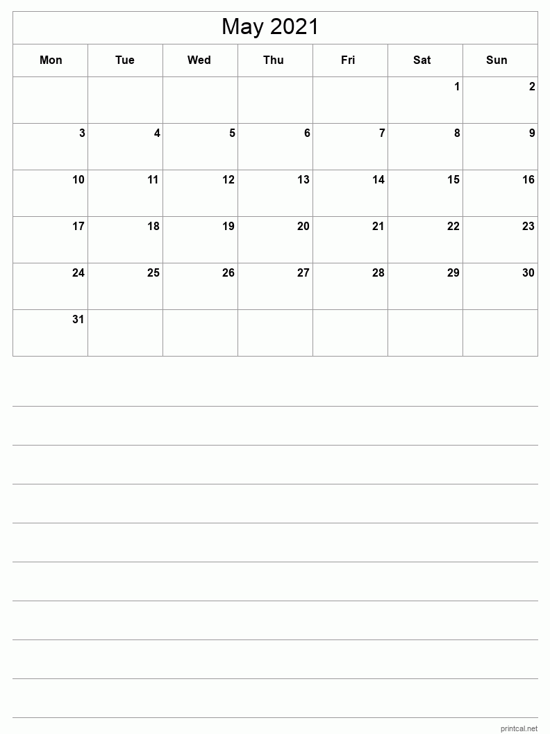 May 2021 Printable Calendar - Half-Page With Notesheet