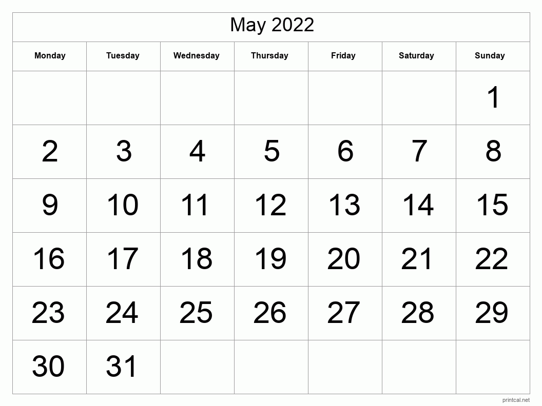 May 2022 Printable Calendar - Big Dates