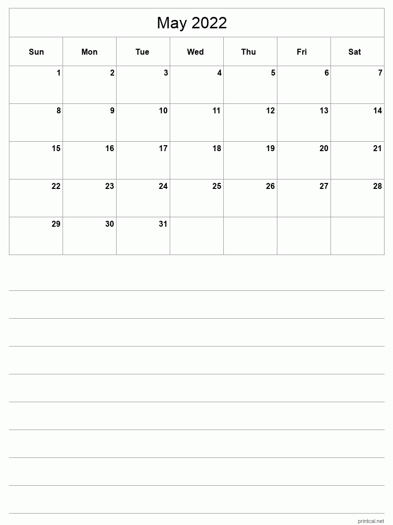 May 2022 Printable Calendar - Half-Page With Notesheet