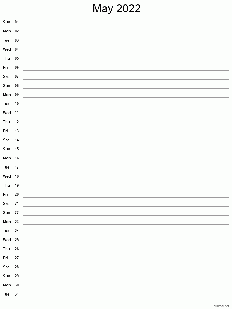 May 2022 Printable Calendar - Single Column Notesheet