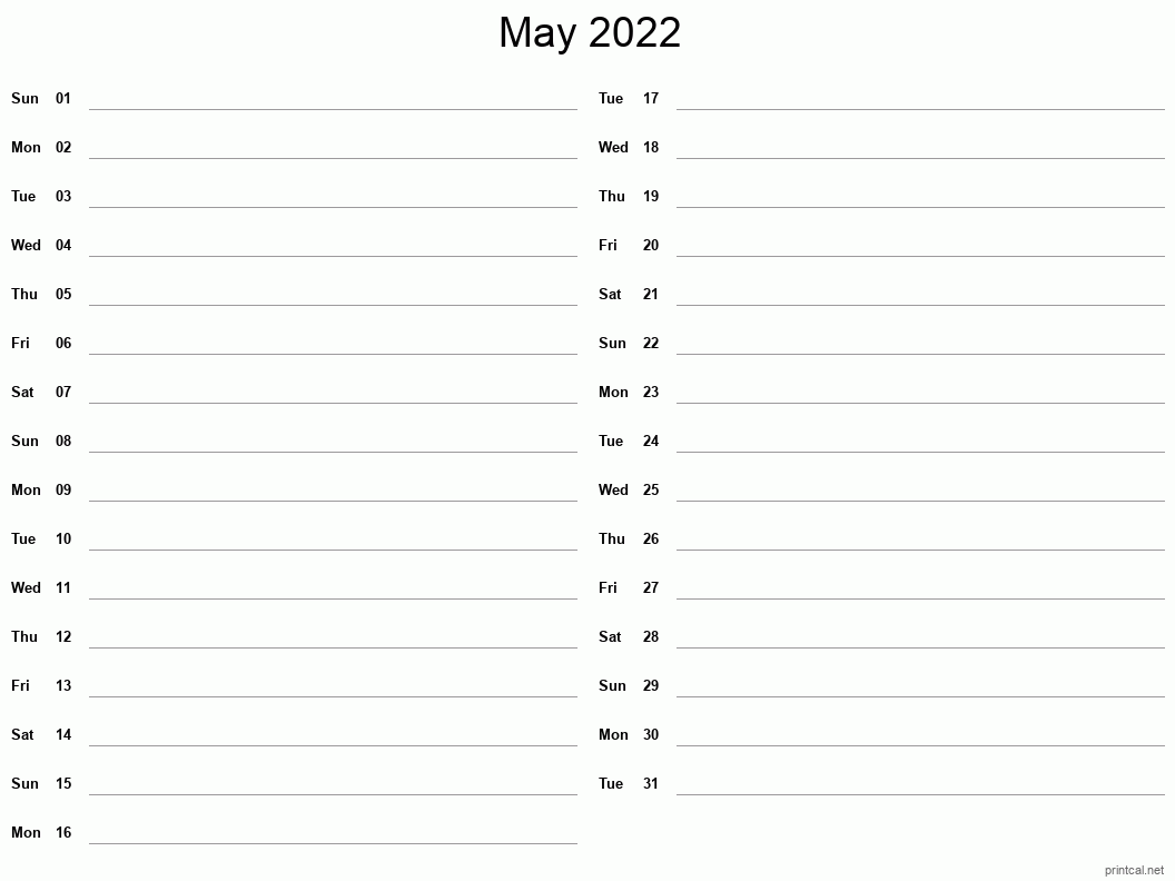 May 2022 Printable Calendar - Two Column Notesheet
