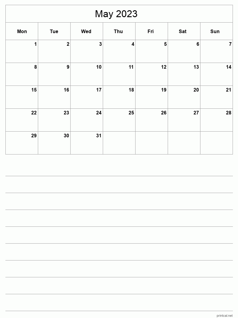 May 2023 Printable Calendar - Half-Page With Notesheet