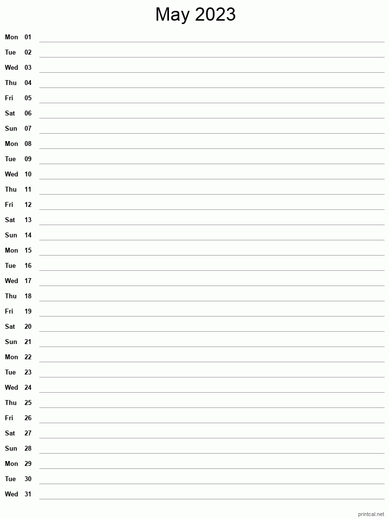 May 2023 Printable Calendar - Single Column Notesheet