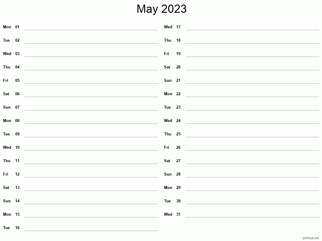 May 2023 Printable Calendar - Two Column Notesheet