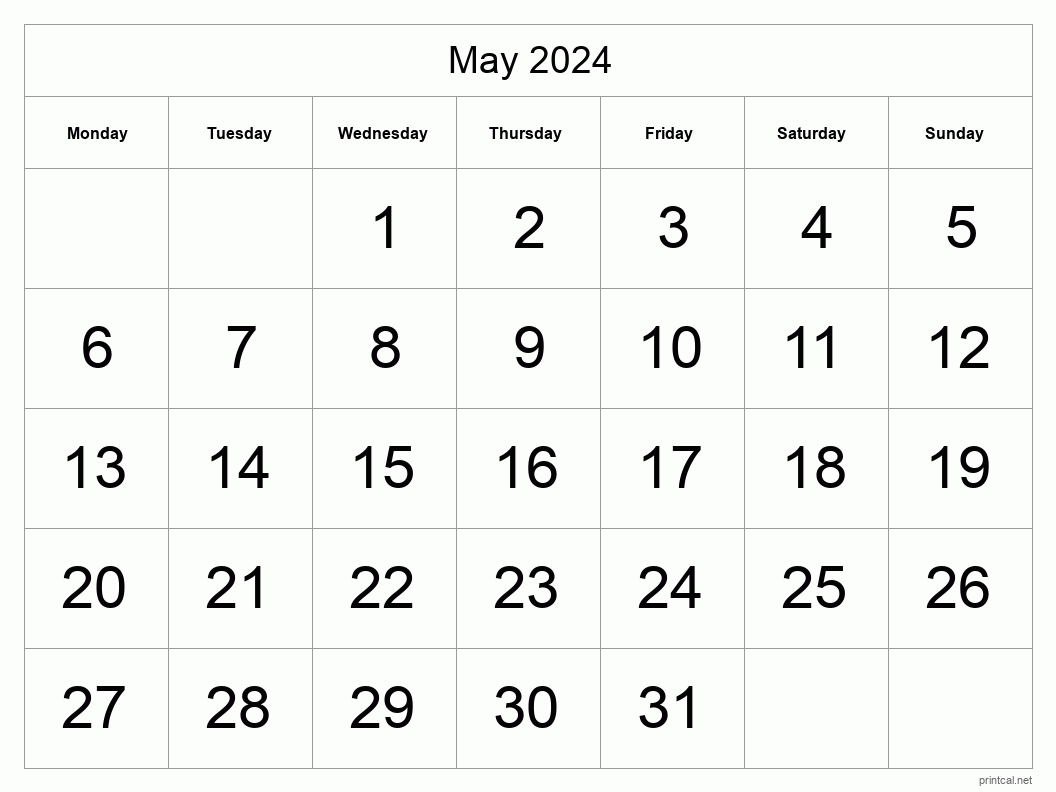 May 2024 Printable Calendar - Big Dates