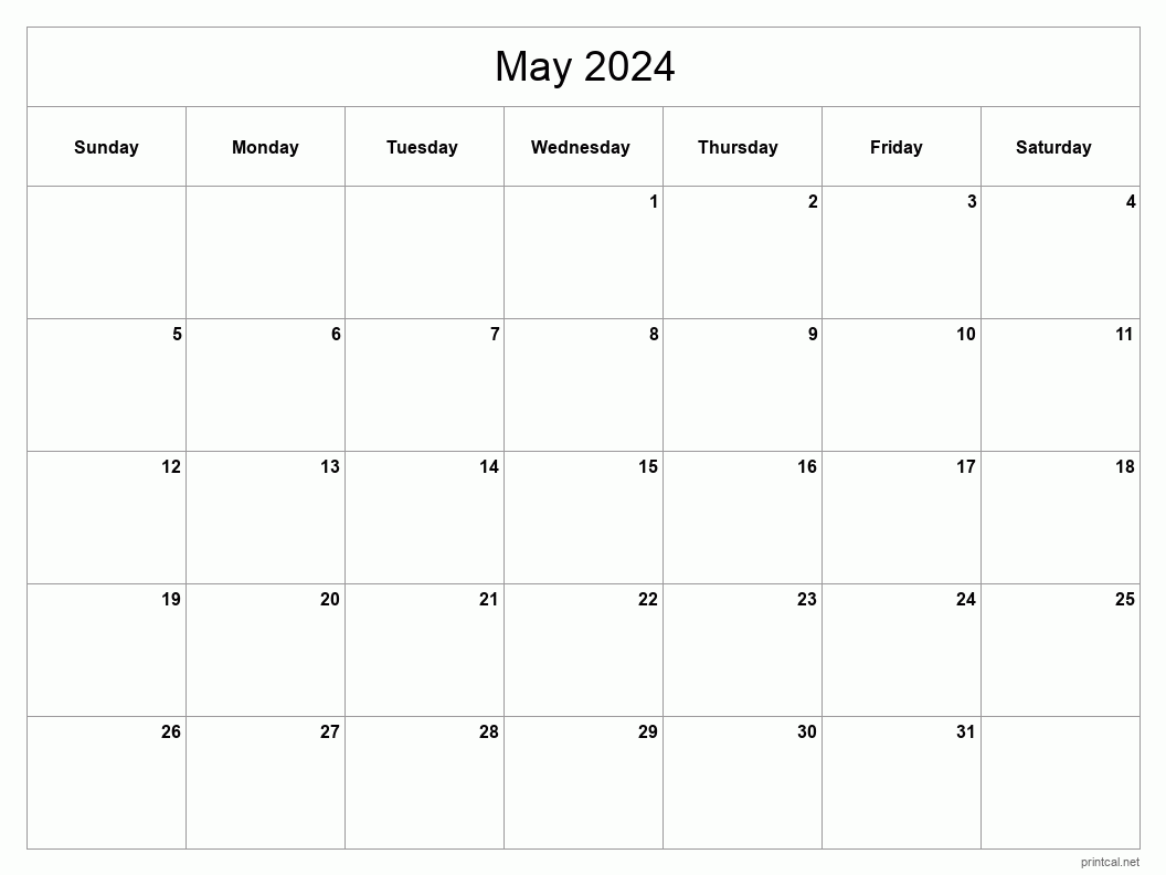 Printable May 2024 Calendar Classic Blank Sheet Gambaran