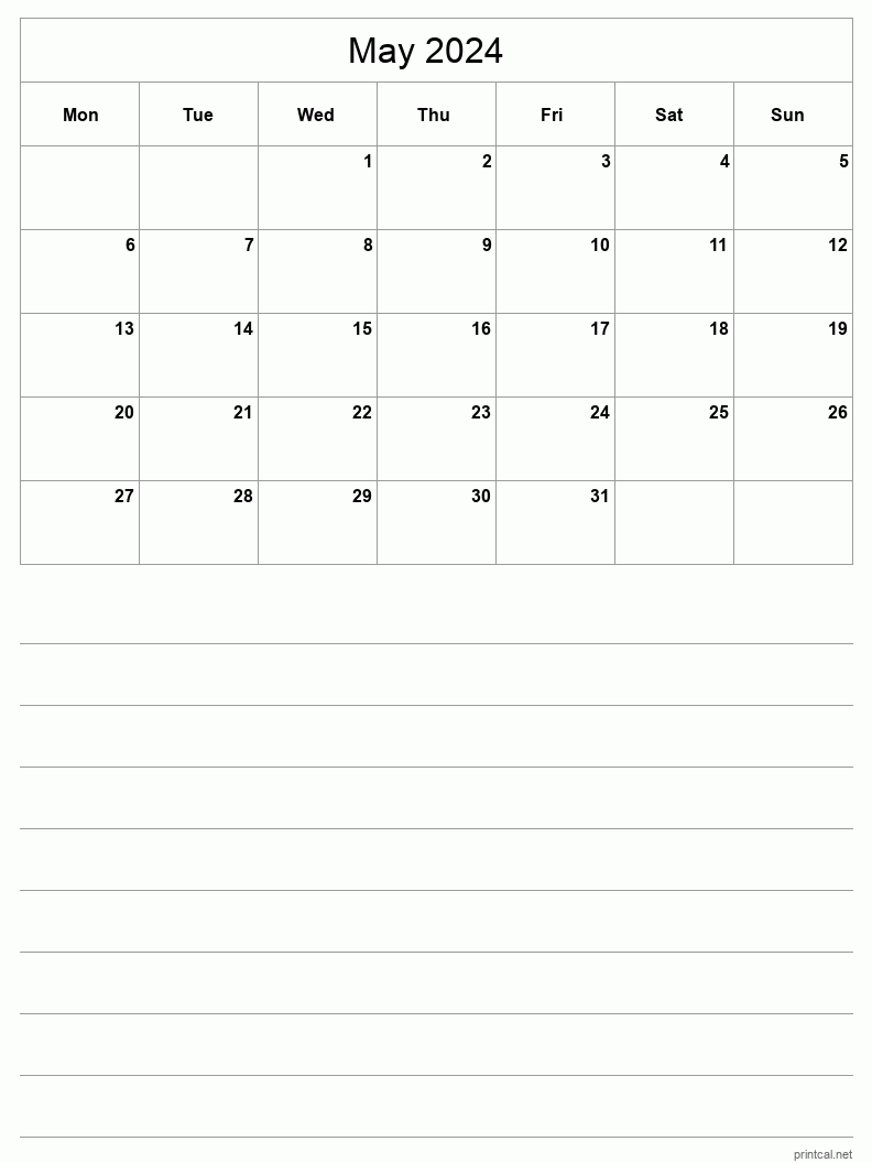 May 2024 Printable Calendar - Half-Page With Notesheet