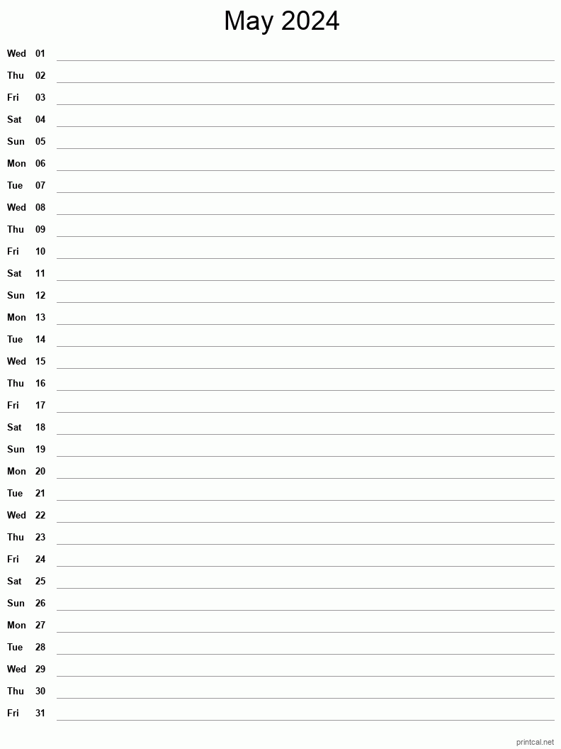 May 2024 Printable Calendar - Single Column Notesheet