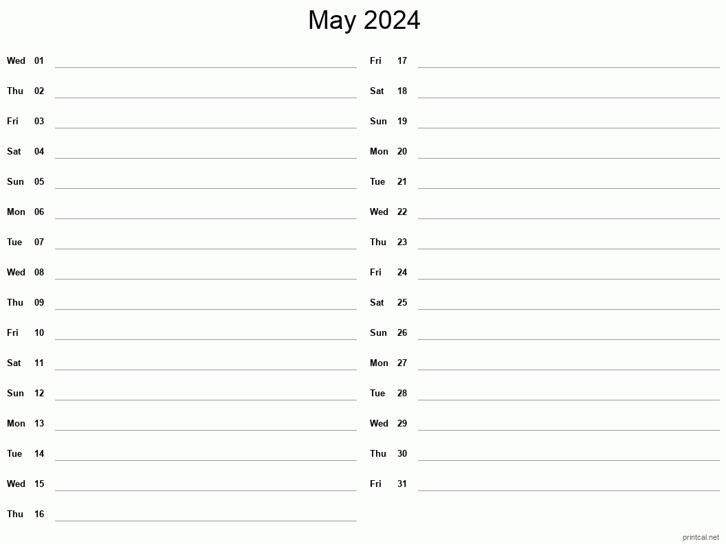 May 2024 Printable Calendar - Two Column Notesheet