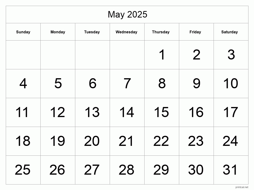 May 2025 Printable Calendar - Big Dates