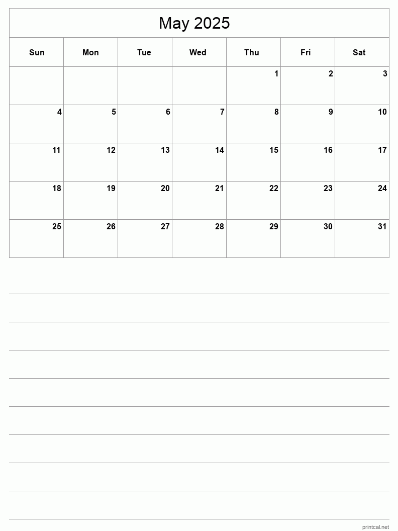 May 2025 Printable Calendar - Half-Page With Notesheet