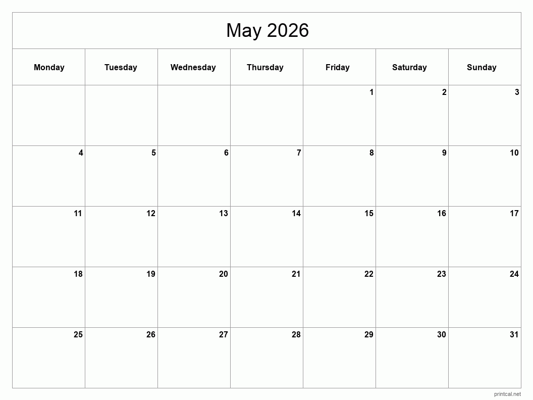 May 2026 Printable Calendar - Classic Blank Sheet