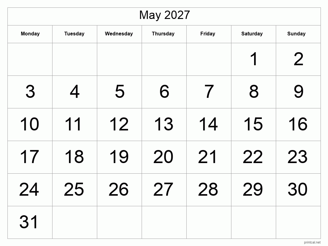 May 2027 Printable Calendar - Big Dates