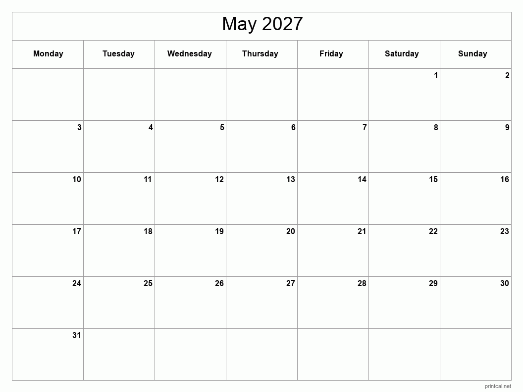 May 2027 Printable Calendar - Classic Blank Sheet