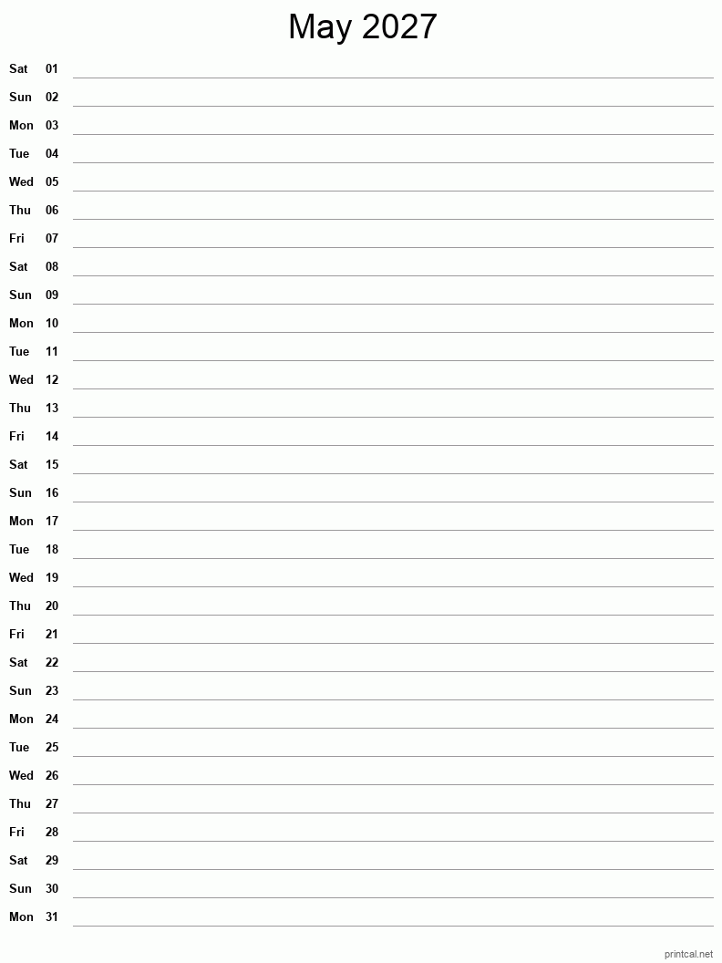 May 2027 Printable Calendar - Single Column Notesheet