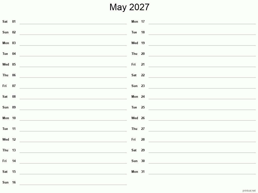 May 2027 Printable Calendar - Two Column Notesheet