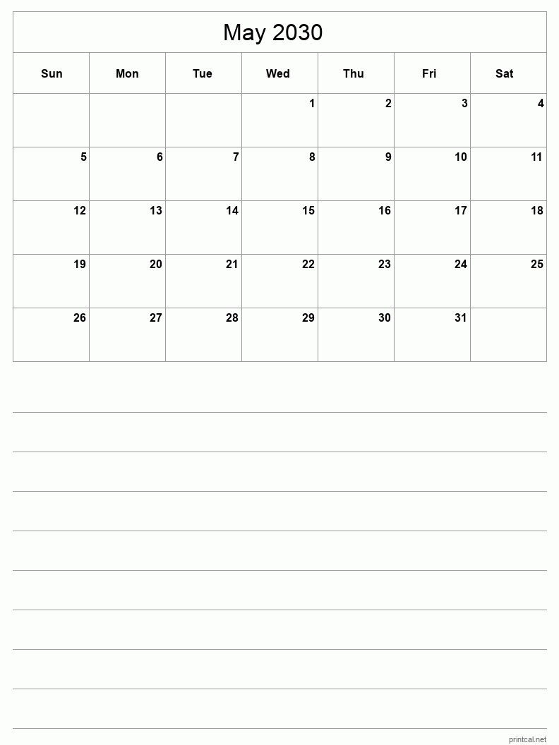 May 2030 Printable Calendar - Half-Page With Notesheet