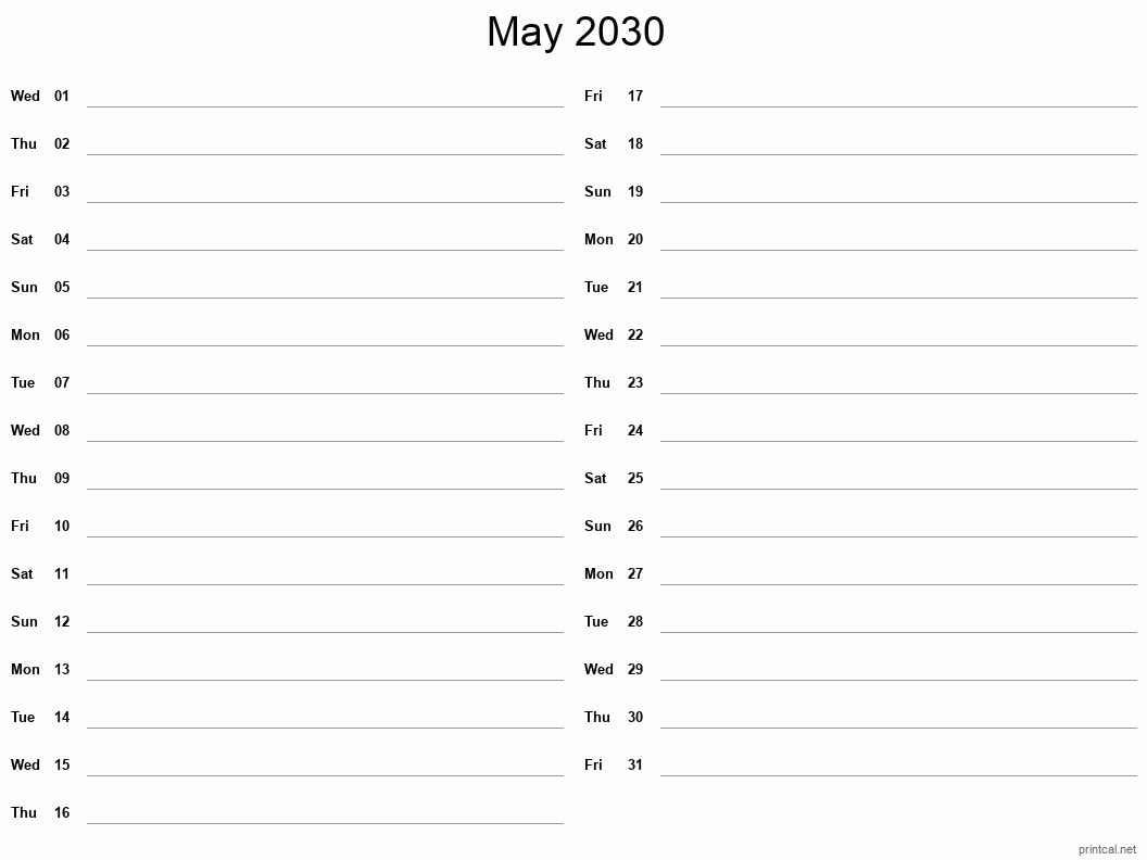 Printable May 2030 Calendar Two Column Notesheet