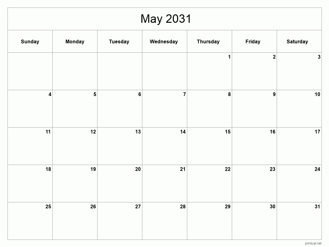 May 2031 Printable Calendar - Classic Blank Sheet