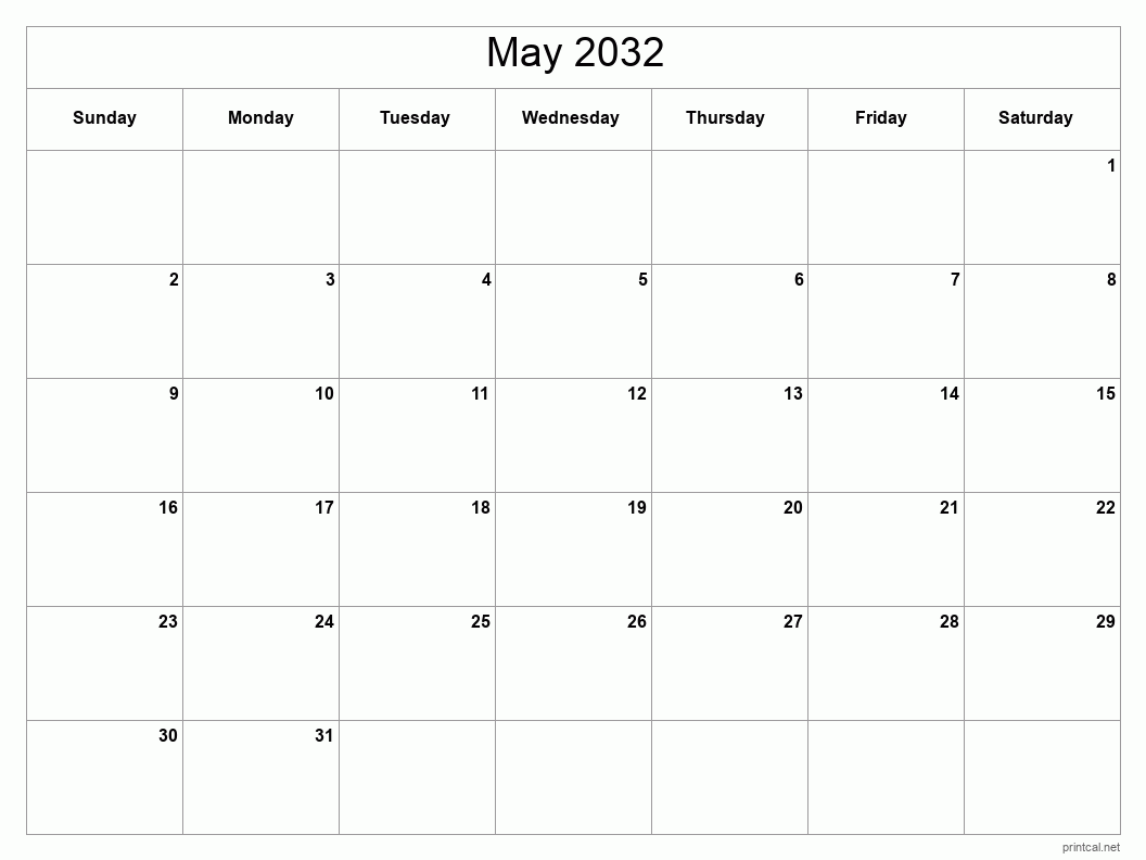 May 2032 Printable Calendar - Classic Blank Sheet