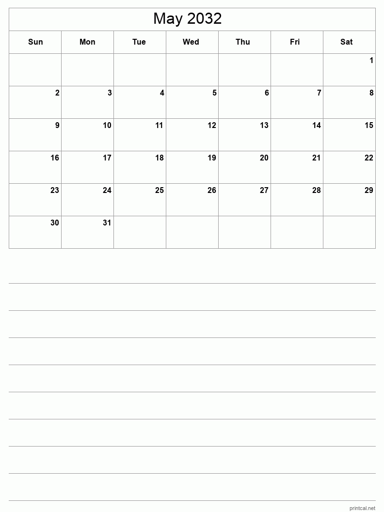 May 2032 Printable Calendar - Half-Page With Notesheet