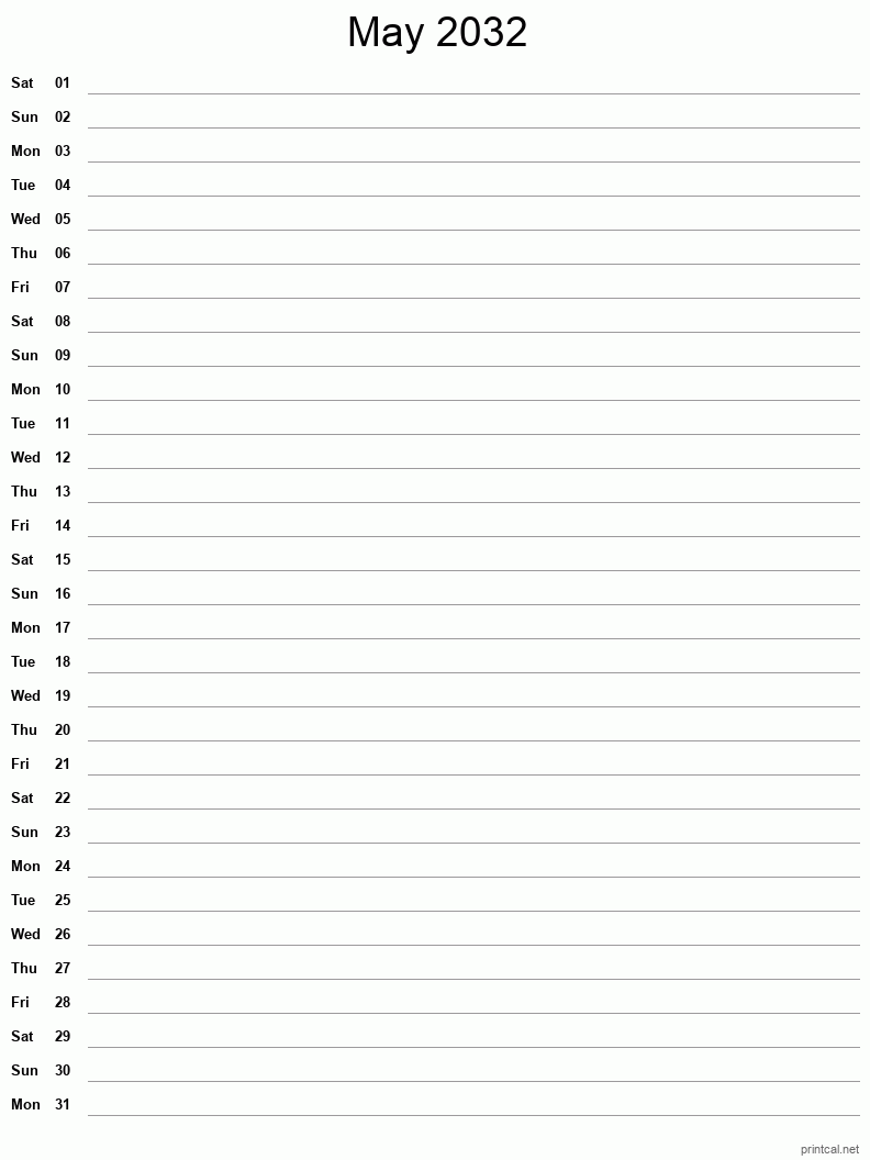 May 2032 Printable Calendar - Single Column Notesheet