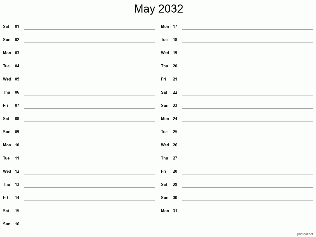 May 2032 Printable Calendar - Two Column Notesheet