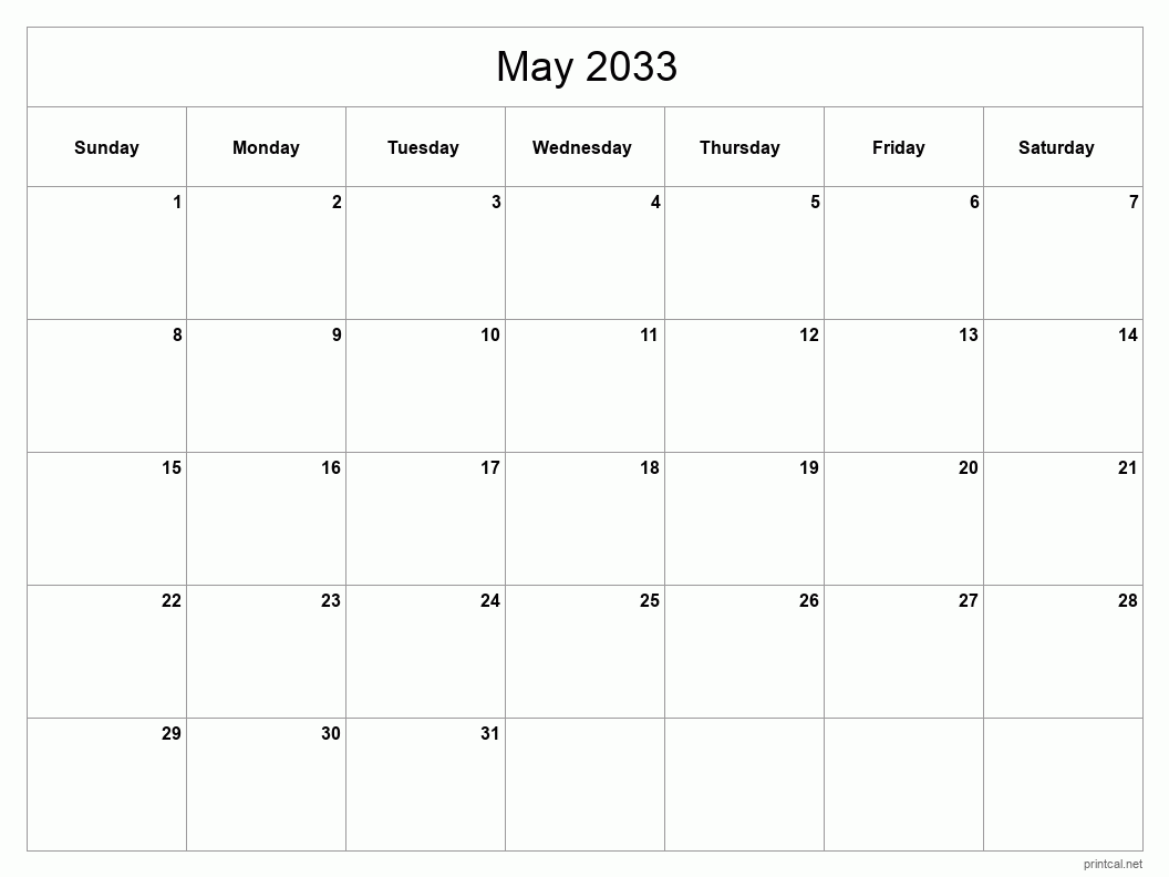 May 2033 Printable Calendar - Classic Blank Sheet