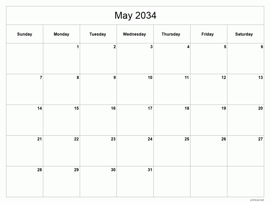May 2034 Printable Calendar - Classic Blank Sheet