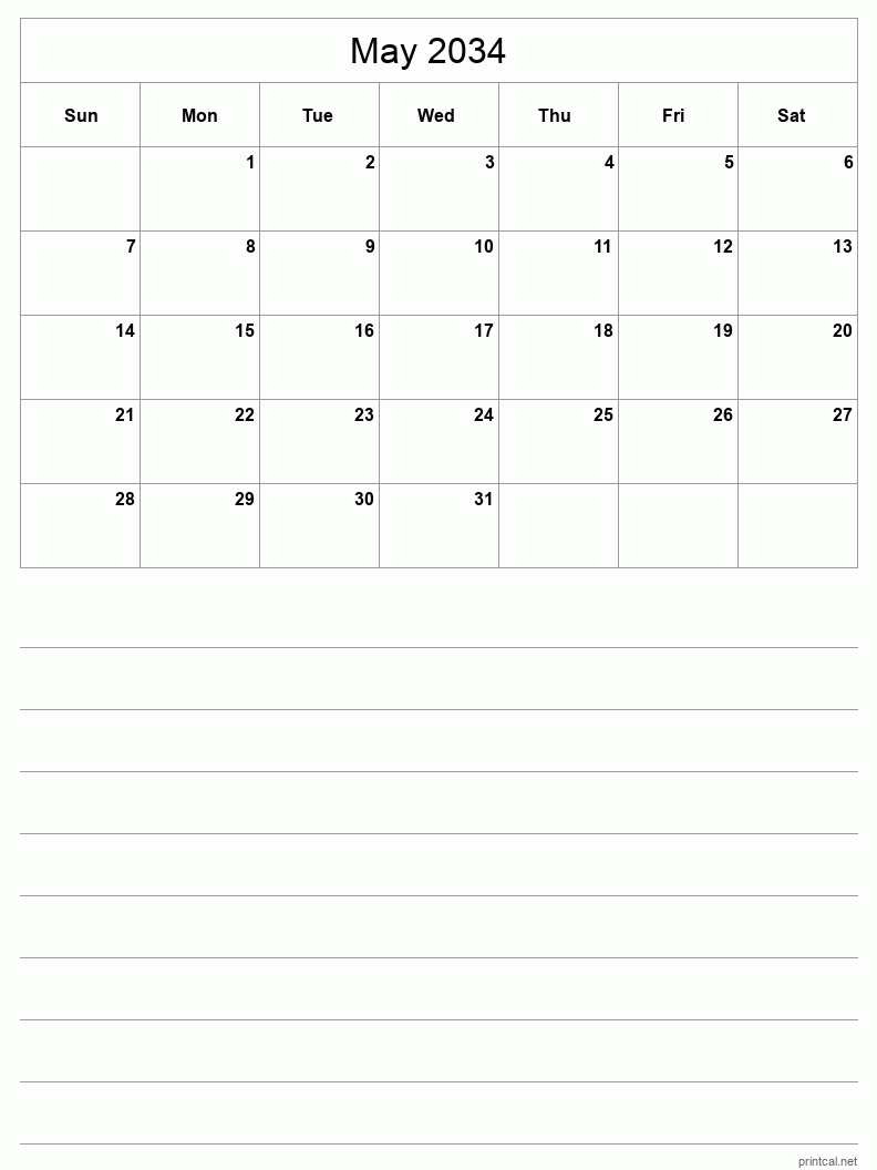 May 2034 Printable Calendar - Half-Page With Notesheet