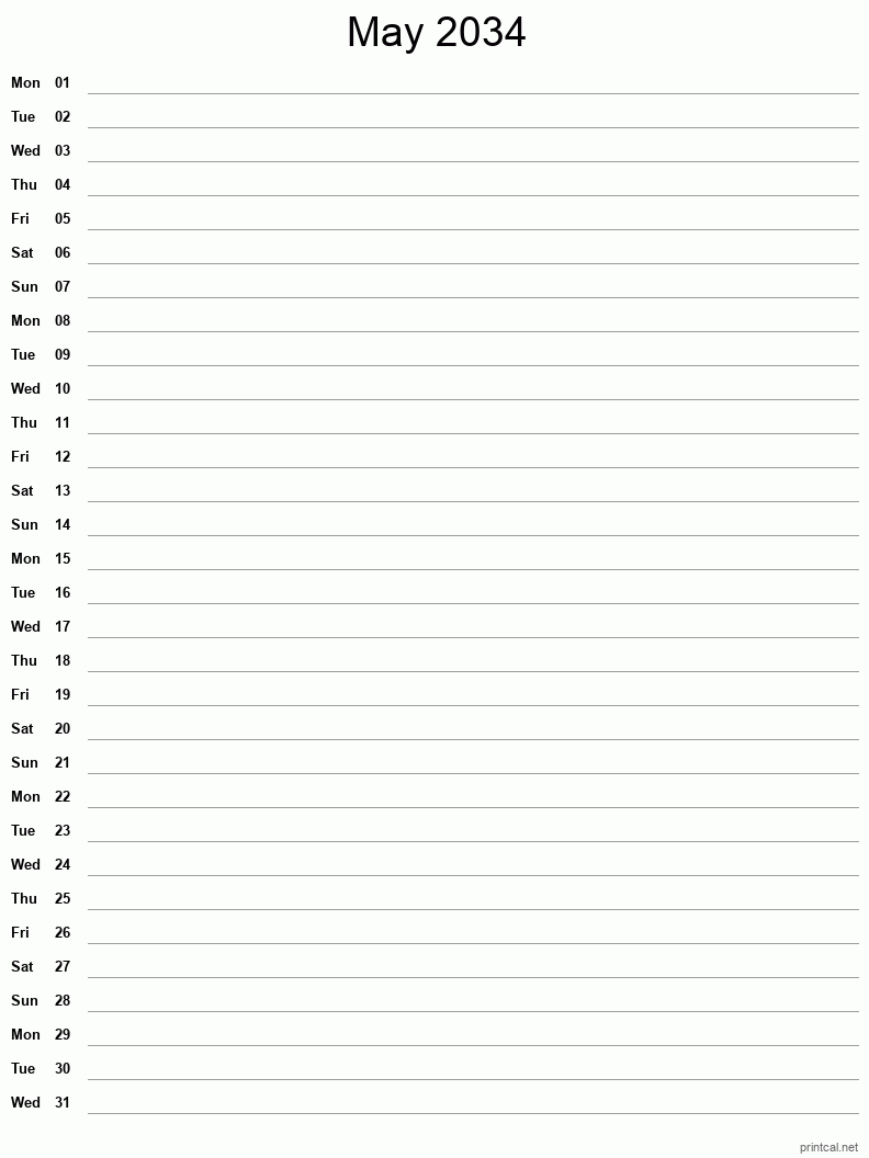 May 2034 Printable Calendar - Single Column Notesheet
