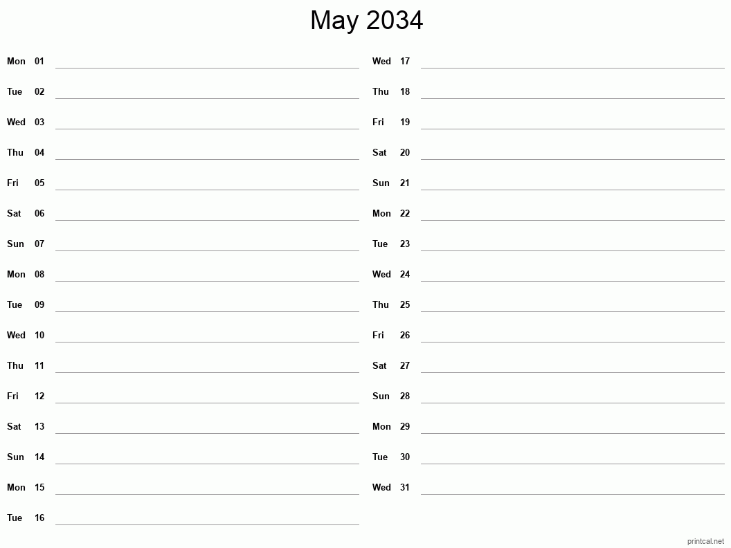 May 2034 Printable Calendar - Two Column Notesheet