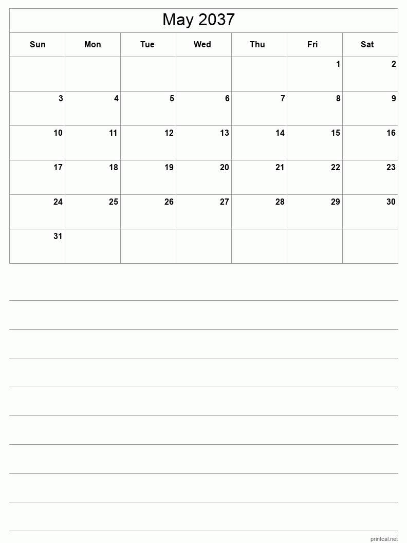 May 2037 Printable Calendar - Half-Page With Notesheet