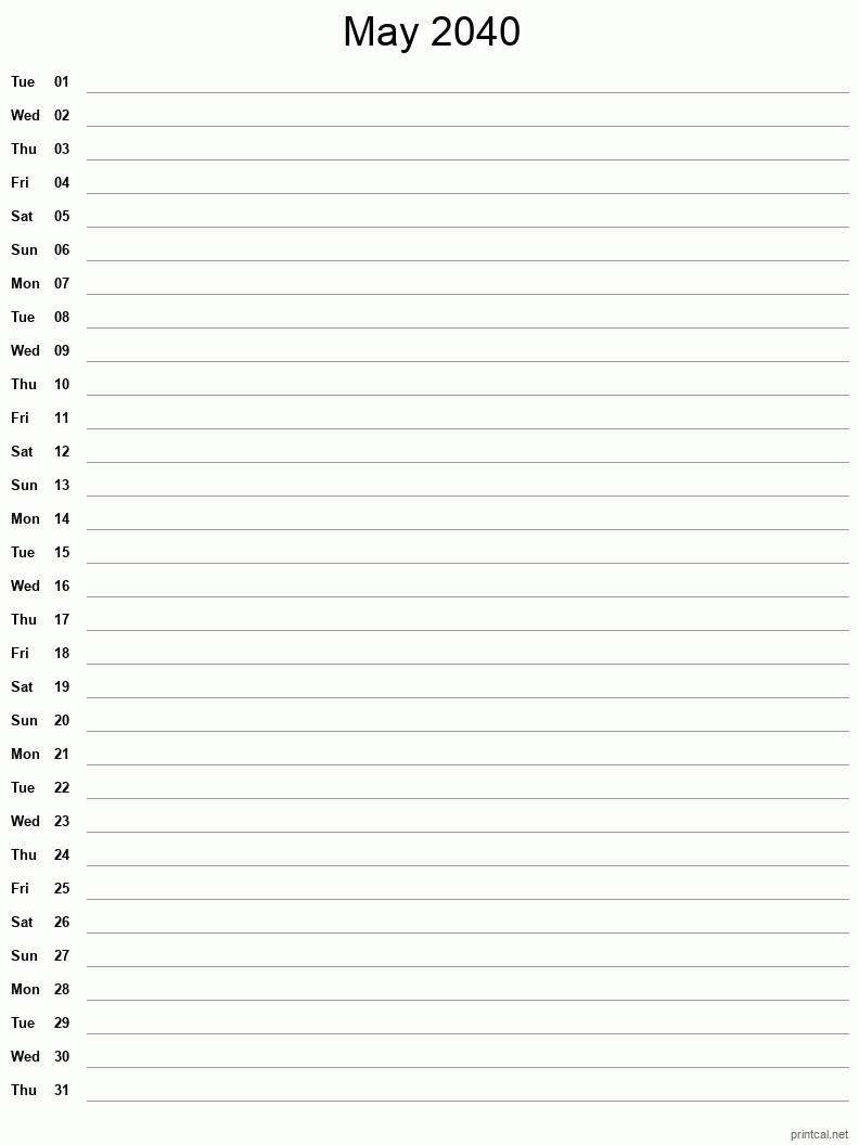 May 2040 Printable Calendar - Single Column Notesheet