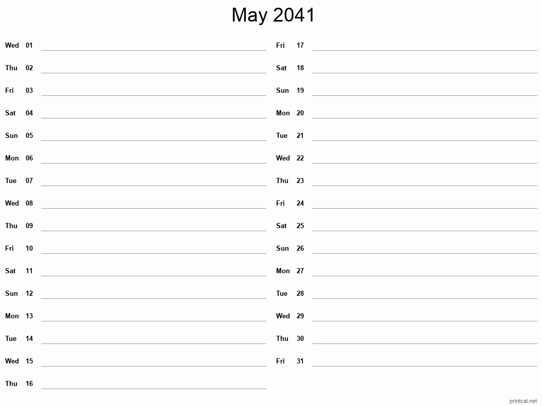 May 2041 Printable Calendar - Two Column Notesheet