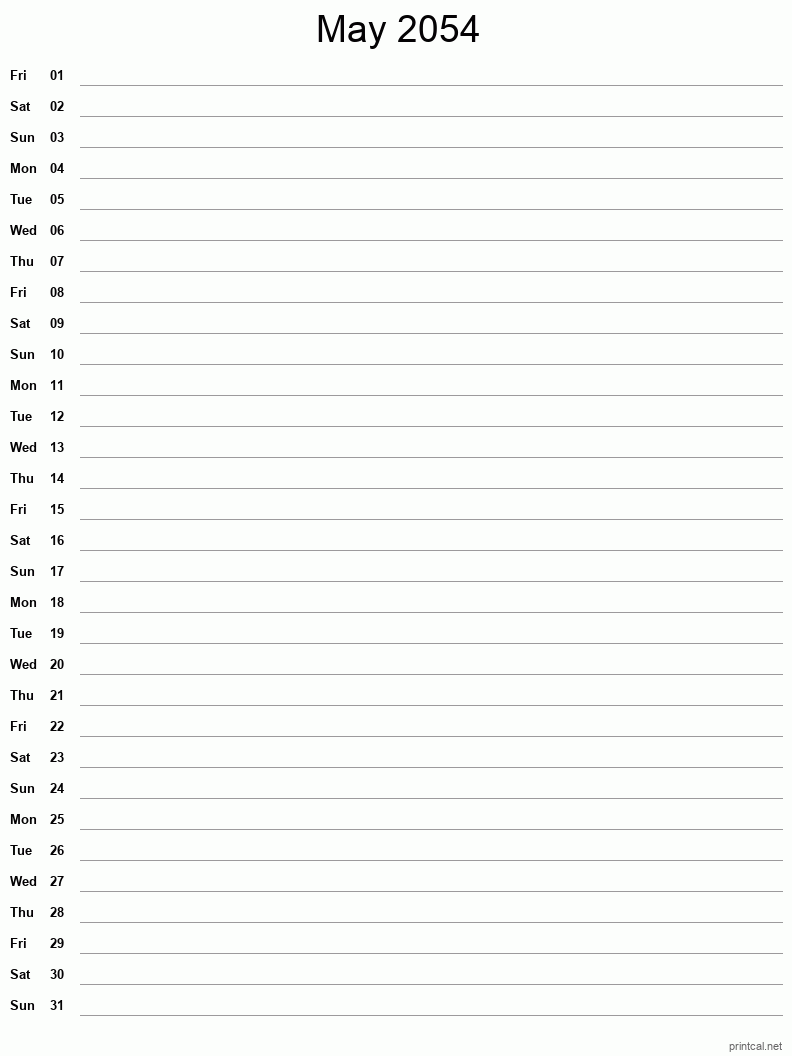 May 2054 Printable Calendar - Single Column Notesheet