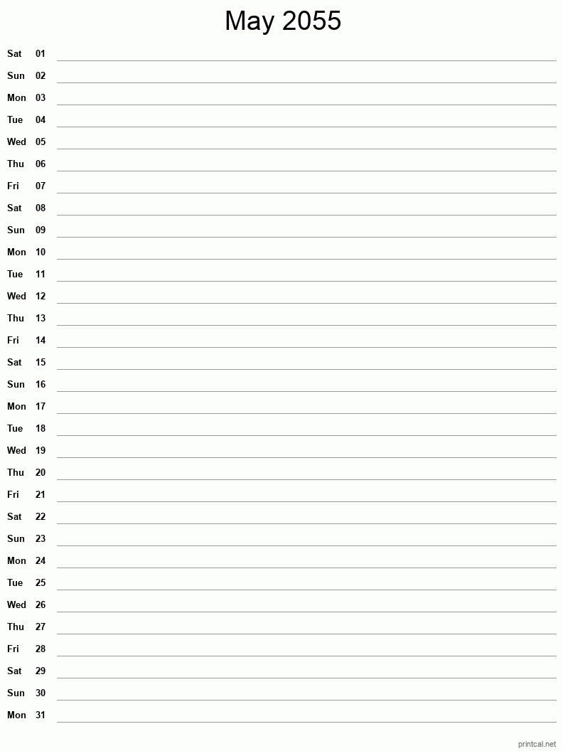 May 2055 Printable Calendar - Single Column Notesheet