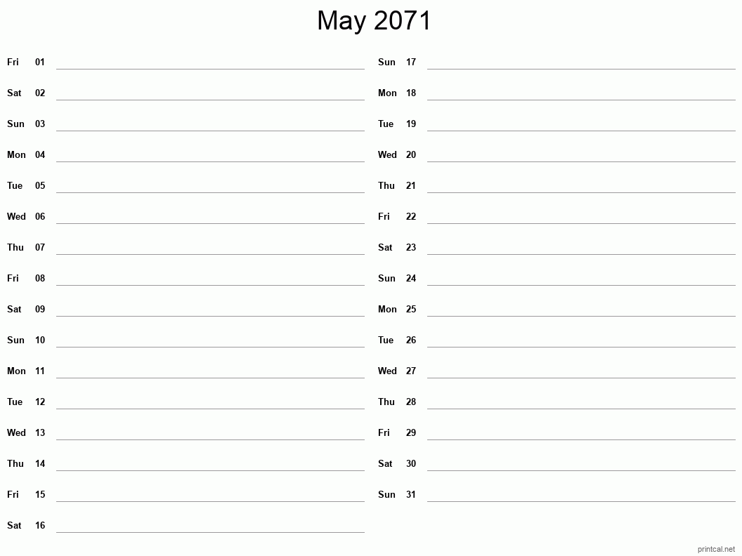 May 2071 Printable Calendar - Two Column Notesheet