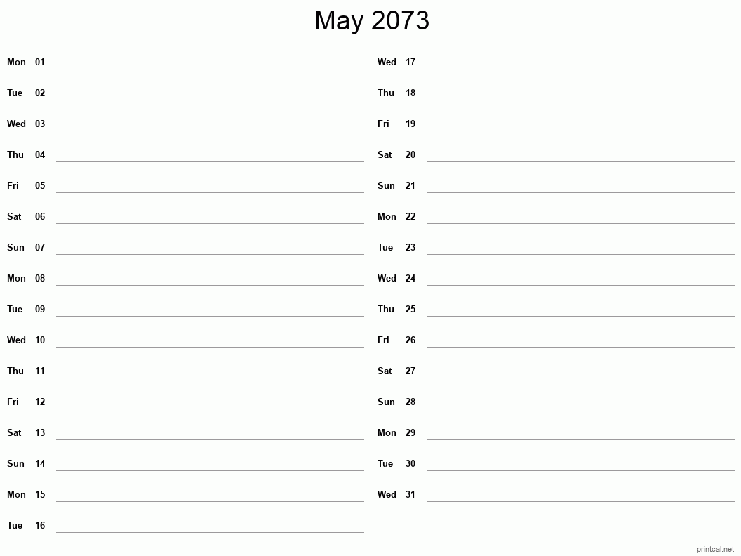 May 2073 Printable Calendar - Two Column Notesheet