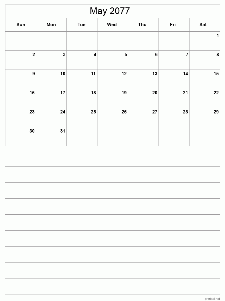 May 2077 Printable Calendar - Half-Page With Notesheet