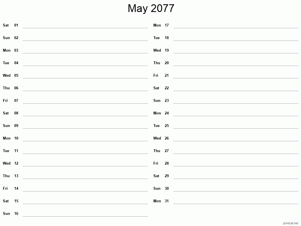 May 2077 Printable Calendar - Two Column Notesheet