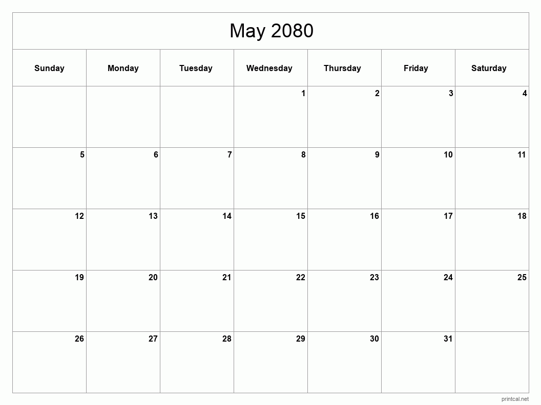 May 2080 Printable Calendar - Classic Blank Sheet