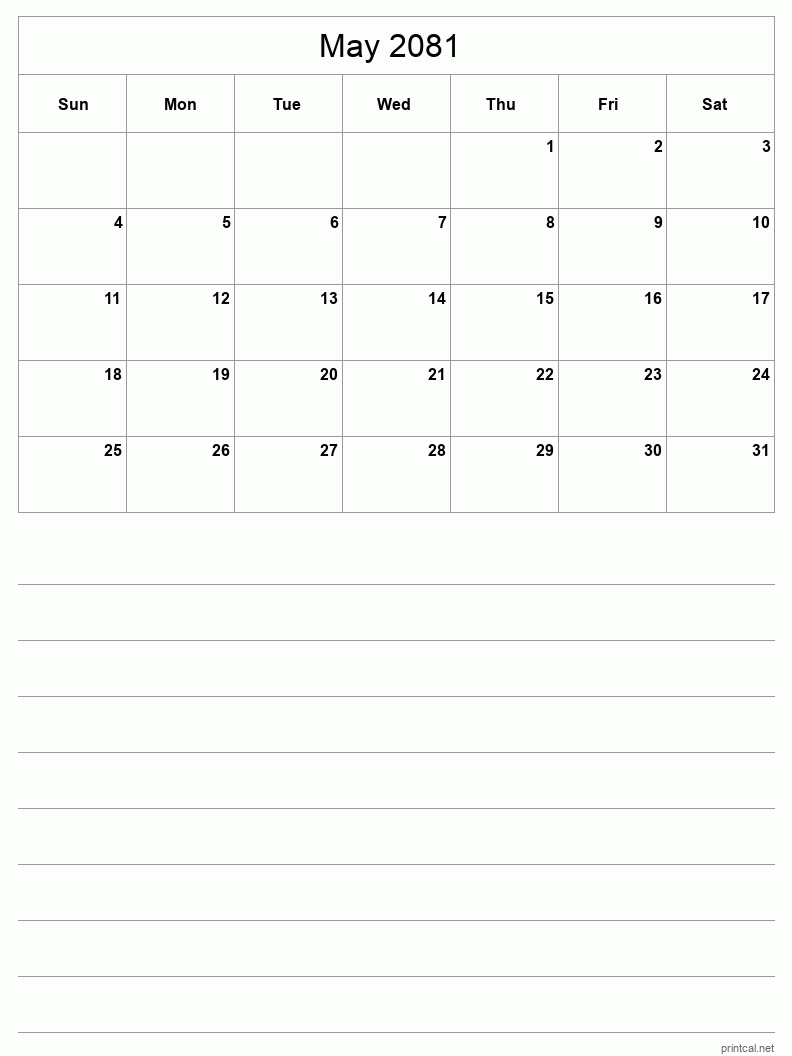 May 2081 Printable Calendar - Half-Page With Notesheet